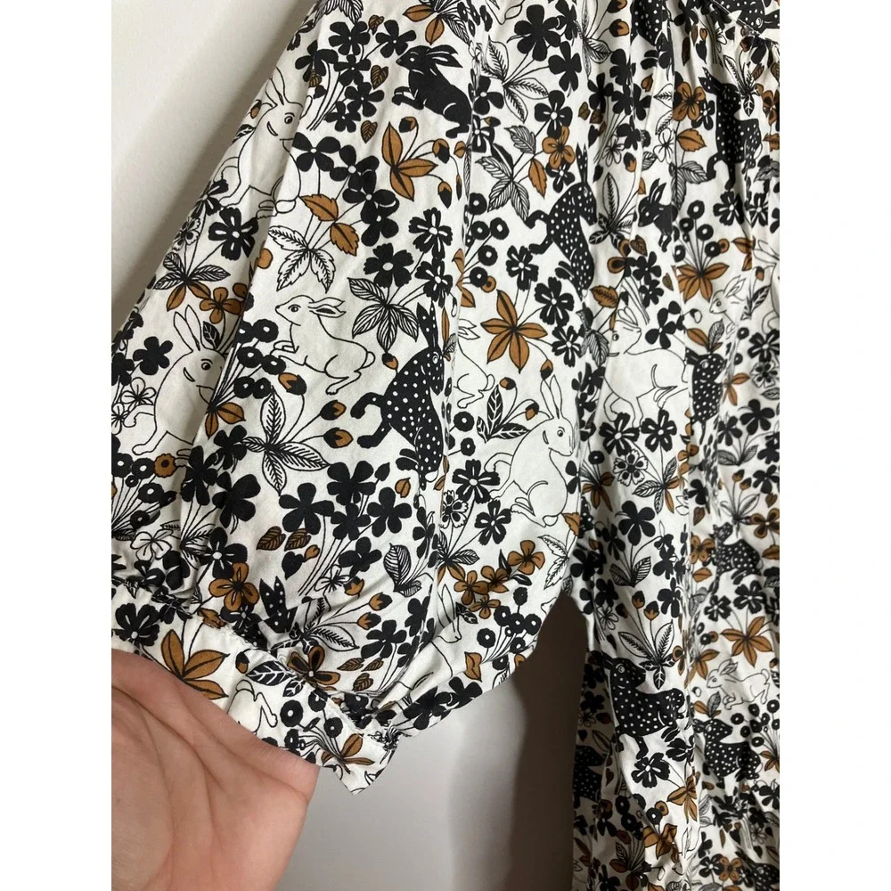 LOFT Outlet Blouse Womens Large White Black Floral Bunny Deer cotton Puff Sleeve